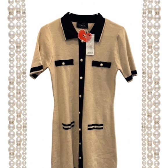 Cider Dresses & Skirts - Cider Tan and Black Button-Up Dress Pearl detail